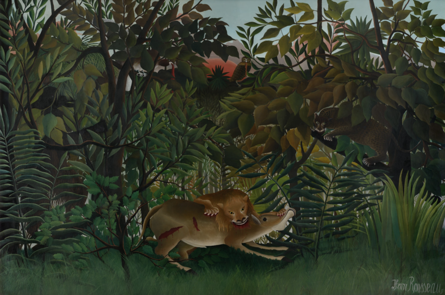 Le lion, ayant faim, se jette sur l'antilope, Henri Rousseau 