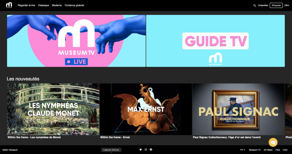 capture d'écran de la plateforme de streaming Museum TV