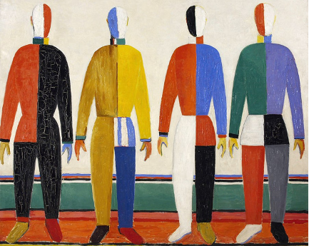 4 personnages nommés Les Sportifs sont face au spectateur. Ils n'ont pas de visages et sont découpés par des tranches colorées