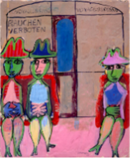 Gouache sur papier intitulé Métro par Dubuffet. On y voit des personnage colorés de rose, rouge et bleu sortant d'une porte de métro