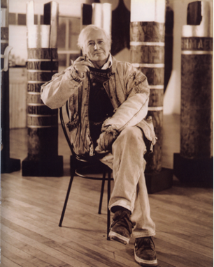 Robert Indiana sitting in his studio Vinalhaven Maine