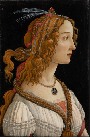 Sandro Botticelli Portrait de jeune femme Simonetta se tient de profil Rousse aux cheveux ondulés, elle a un pendentif autour du cou