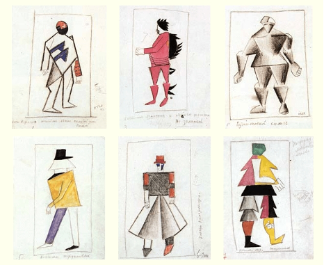 6 croquis représentant des personnages costumés de façon cubique