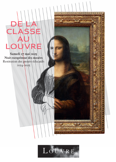 Affiche de la classe au louvre Le tableau de la Joconde est divisé en deux avec à sa gauche une version illustrée sur une feuille de papier quadrillé comme à l'école