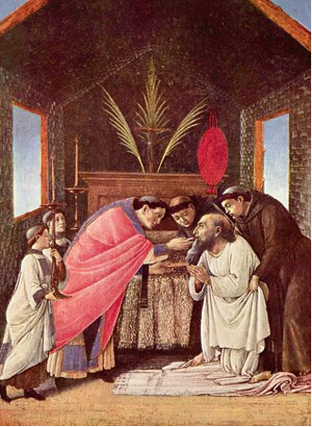 Sandro Botticelli, Dernière communion de Saint Jérôme Saint Jérôme entourés de religieux est en train d'être baptisé