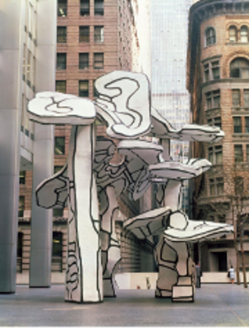 Structure de 12 mètres de hauteur dans la ville de New York en forme d'arbre proche des champignons, réalisé en époxy peint au polyuréthane intitulé Groupe de quatre arbres par Dubuffet