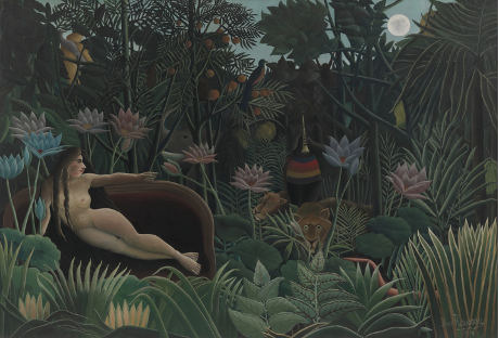 femme nue allongée sur un canapé au milieu d'une forêt elle pointe du doigt le loin tandis qu'un fauve la regarde et un autre regarde le spectateur et qu'un autre animal joue de la clarinette