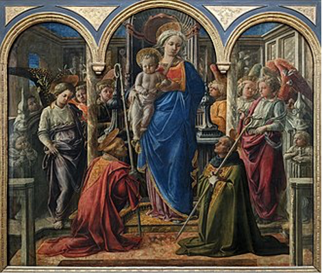 Lippi, La Vierge et l'enfant entourés d'anges On observe la Vierge tenant l'enfant avec des représentants religieux agenouillés