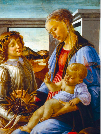 Sandro Botticelli, Madone de l’Eucharistie. La Madone tient l'enfant dans son bras gauche et touche un objet tenu par une tierce personne de la main droite
