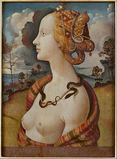 Piero di Cosimo, Portrait de femme dit de Simonetta Vespucci Elle est de profil les cheveux arborent des bijoux mais elle ne porte rien d'autre qu'une étole autour des épaules, ne masquant pas sa poitrine
