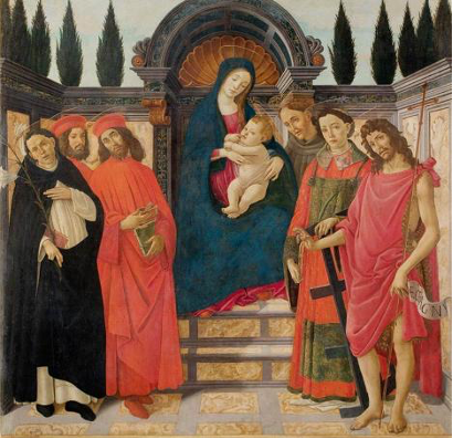 Sandro Botticelli, Retable de Trebbio, Vierge à l’enfant sur un trône avec les saints Dominique, Cosmas, Damien, François, Laurent et Jean-Baptiste,
