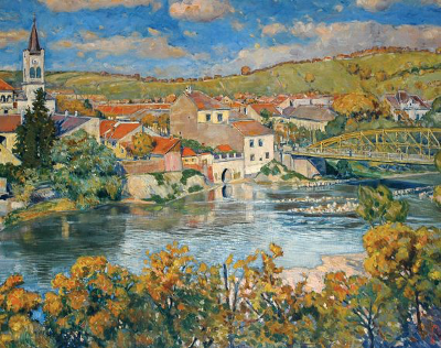 Tableau Artistes d’Oradea 1860-1940 visible en Roumanie On aperçoit le paysage d'un village au bord de l'eau vu de l'autre bord de la rivière de façon figurative