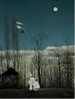 Couple déguisé en blanc pour le carnaval contemplant la lune au milieu d'une campagne tableau d'henri rousseau

