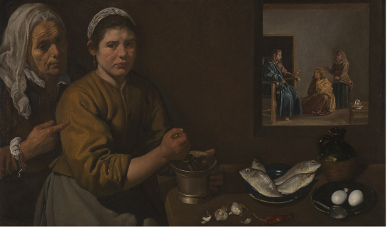 Diego Velázquez, Scène de cuisine avec le Christ dans la maison de Marthe et Marie, v.1618, huile sur toile, 60 x 103,5 cm, Londres, National Gallery
