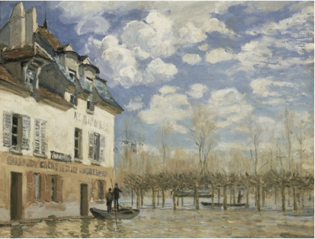 Tableau représentant une barque sur l'eau près d'une maison lors d'une inondation à Port-Marly