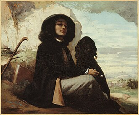 Autoportrait de Gustave Courbet tenant un chien noir dans ses bras.