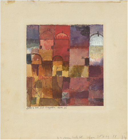 Paul Klee, Coupoles rouges et blanches, 1914, Aquarelle et gouache sur papier, montée sur carton, 14,6 x 13,7, Allemagne, Düsseldorf, Kunstsammlung Nordrhein-Westfalen 