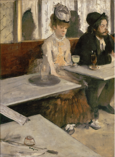 Tableau représentant une jeune femme assise à une table dans un café