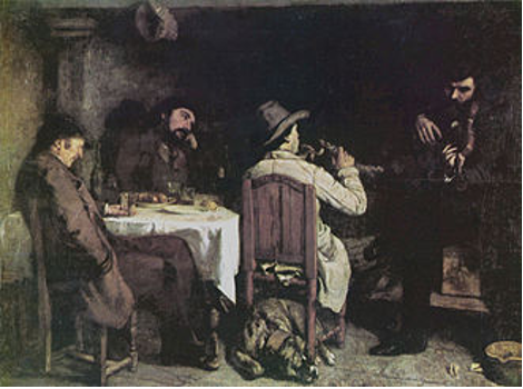 Plusieurs hommes sont autours d'une table dans une pièce sombre au cours d'un après dinée à Ornans.