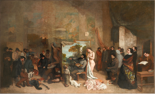 Tableau de Gustave Courbet représentant un atelier lumineux et coloré d'un peintre ou celui-ci, placé au centre de l'œuvre, exerce son art.