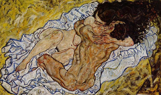 Egon Schiele, L’Étreinte (couple d’amoureux II), 1917, huile sur toile, 98 x 169 cm, Vienne, Palais du Belvédère