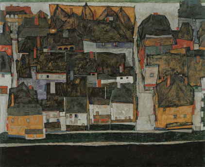 Egon Schiele, Krumau sur la Vltava (La Petite Ville IV), 1914, huile et pierre noire sur toile, 99,5 x 120,5 cm, Vienne, musée Leopold