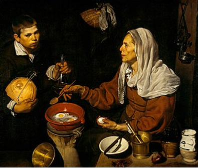 Tableau représentant une vielle dame faisant cuire des œufs dans une pièce sombre et étroite.