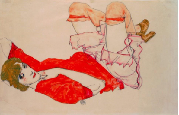 Egon Schiele, Wally en robe rouge avec les genoux relevés, 1913, mine de plomb, aquarelle et gouache, 31,8 x 48 cm, collection particulière