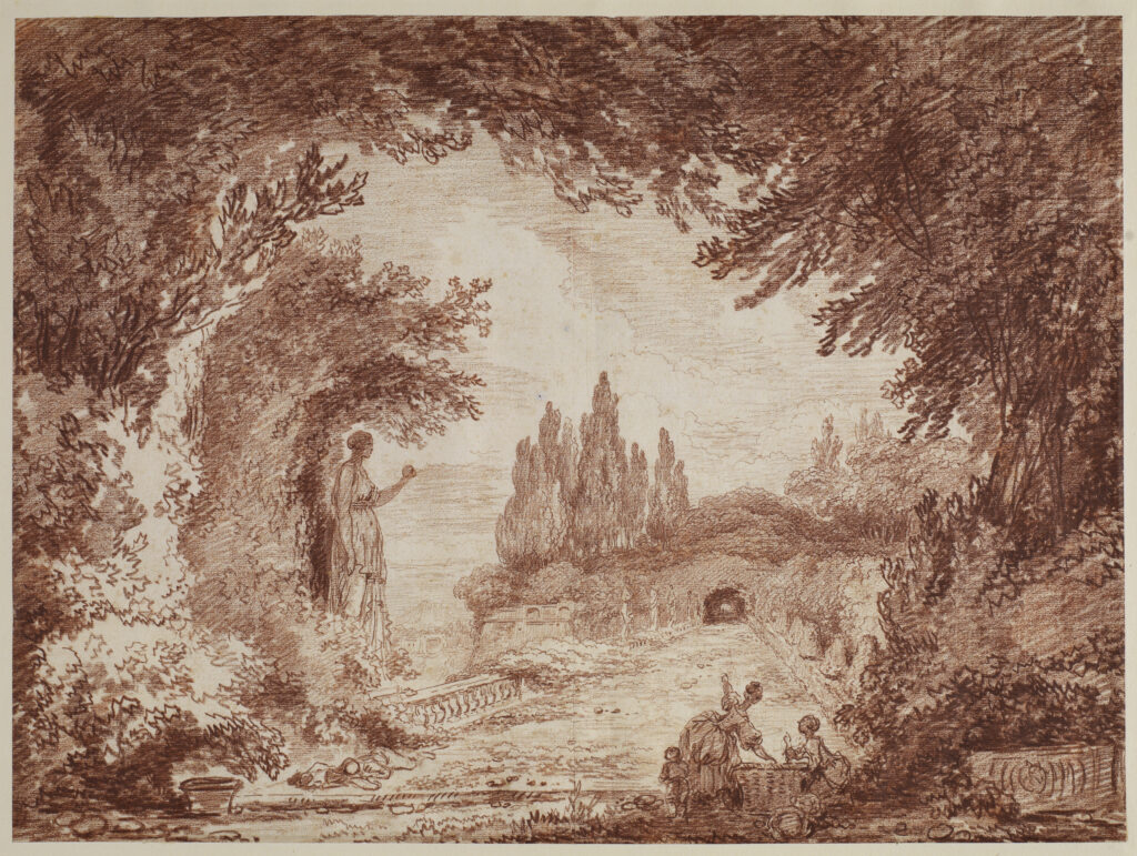 Hubert Robert
Un artiste dessinant un morceau d’entablement dans les jardins
Farnèse à Rome, vers 1763-1764
sanguine sur papier vergé, 34 x 45,4 cm
Paris, Musée du Louvre,
département des Arts graphiques
© GrandPalaisRmn (musée du Louvre) Michel Urtado