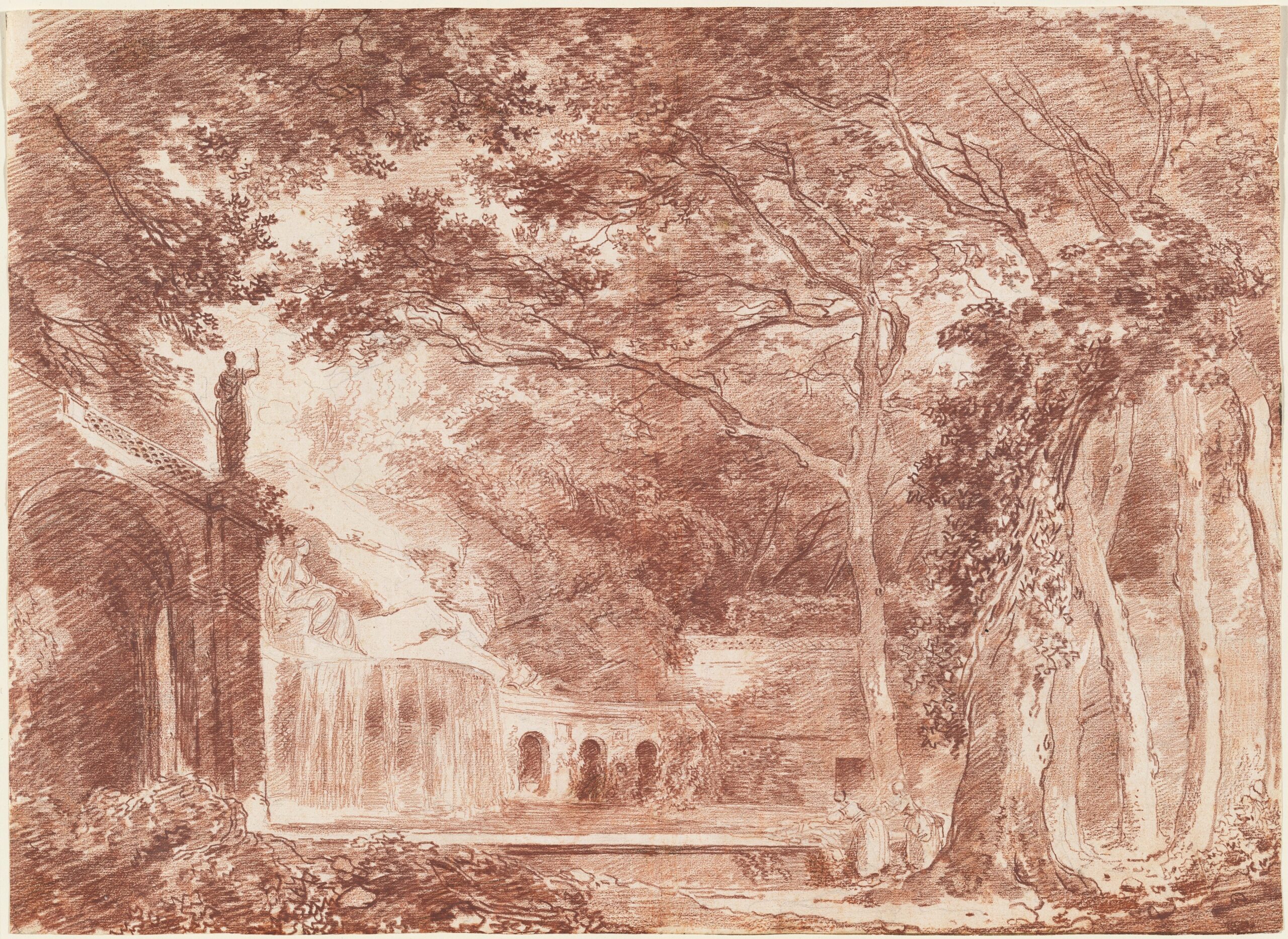 Jean-Honoré Fragonard
Terrasse dans un jardin italien, vers 1760
sanguine sur papier vergé, 32,6 x 44,1 cm
Londres, Courtauld Gallery (Samuel Courtauld Trust)
© Courtauld
